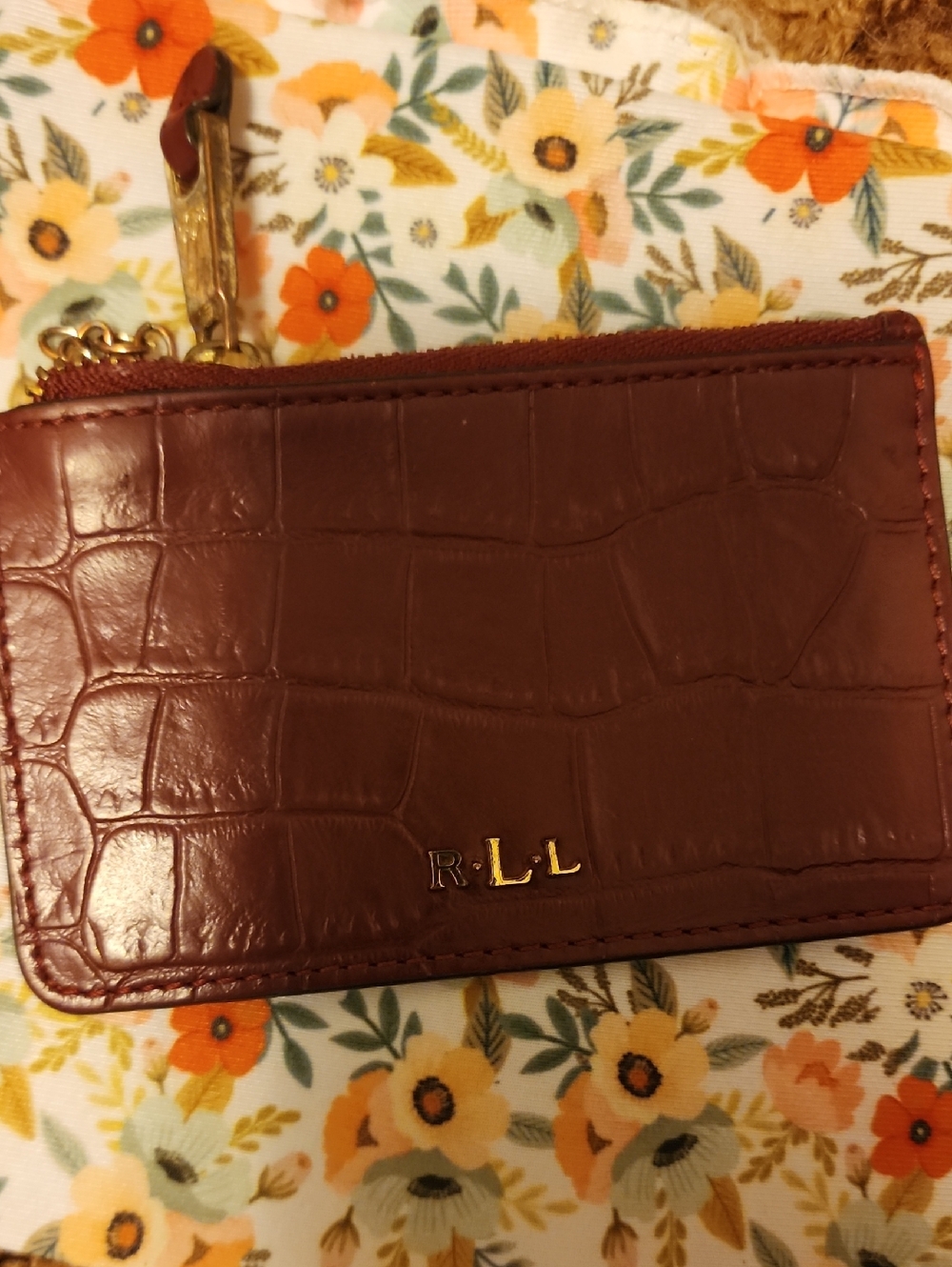 Ralph Lauren Croc-Embossed Card Holder in Burgundy with Gold Accents